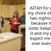 AITAH for quitting my ch**e of cooking two nights a week because my little sister keeps ruining it and my parents expect me to start over every time?
