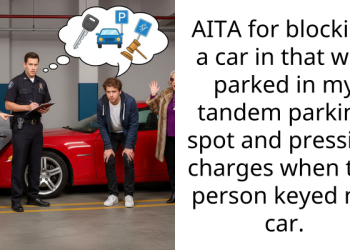 AITA for blocking a car in that was parked in my tandem parking spot and pressing charges when the person keyed my car.