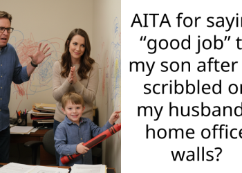 AITA for saying “good job” to my son after he scribbled on my husband’s home office walls?