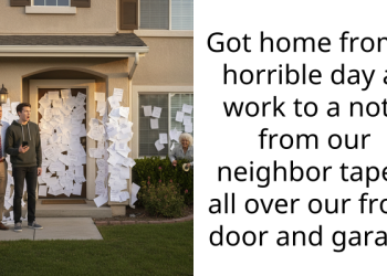 Got home from a horrible day at work to a note from our neighbor taped all over our front door and garage