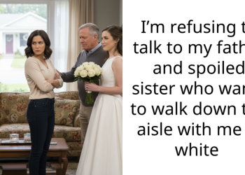 I’m refusing to talk to my father and spoiled sister who wants to walk down the aisle with me in white