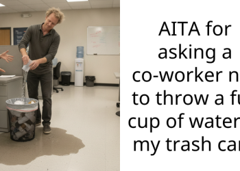 AITA for asking a co-worker not to throw a full cup of water in my trash can?