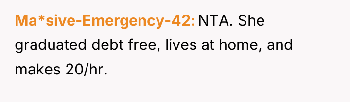 Ma*sive-Emergency-42 NTA. She graduated debt free, lives at home, and...