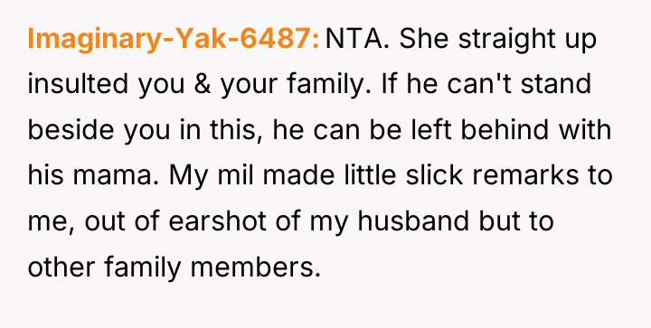 Imaginary-Yak-6487 NTA. She straight up insulted you & your family....