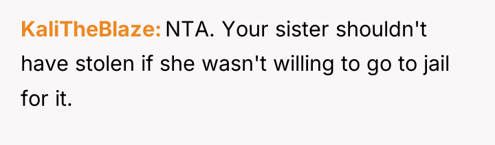 KaliTheBlaze NTA. Your sister shouldn't have stolen if she wasn't...