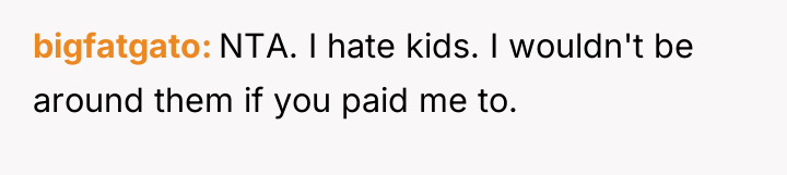 bigfatgato NTA. I hate kids. I wouldn't be around them...