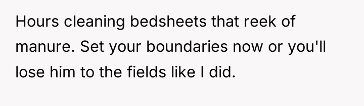 Hours cleaning bedsheets that reek of manure. Set your boundaries...
