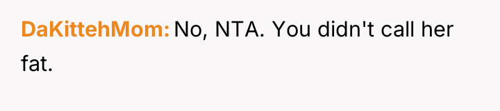 DaKittehMom No, NTA. You didn't call her fat.