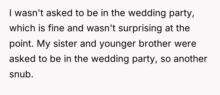 I wasn't asked to be in the wedding party, which...