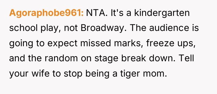 Agoraphobe961 NTA. It's a kindergarten school play, not Broadway. The...