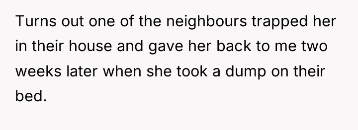 Turns out one of the neighbours trapped her in their...