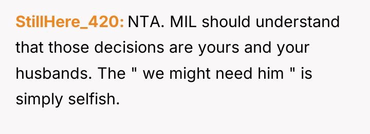 StillHere_420 NTA. MIL should understand that those decisions are yours...
