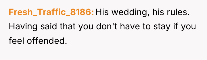 Fresh_Traffic_8186 His wedding, his rules. Having said that you don't...