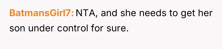 BatmansGirl7 NTA, and she needs to get her son under...