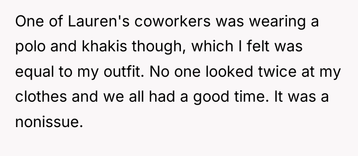 One of Lauren's coworkers was wearing a polo and khakis...