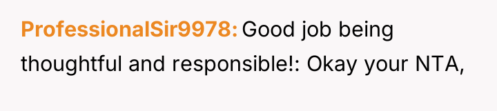 ProfessionalSir9978 Good job being thoughtful and responsible!: Okay your NTA,