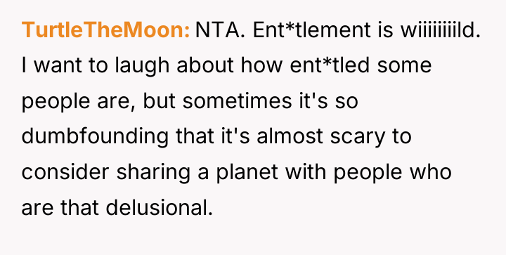 TurtleTheMoon NTA. Ent*tlement is wiiiiiiiild. I want to laugh about...