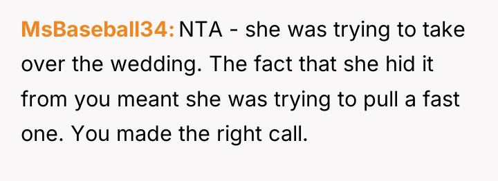 MsBaseball34 NTA - she was trying to take over the...