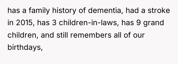 has a family history of dementia, had a stroke in...