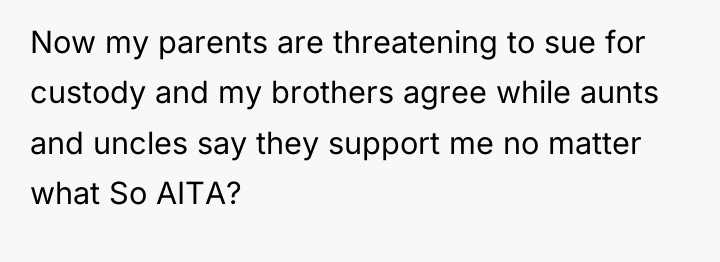Now my parents are threatening to sue for custody and...