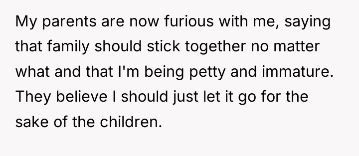 My parents are now furious with me, saying that family...