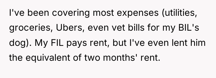 I've been covering most expenses (utilities, groceries, Ubers, even vet...