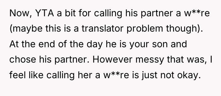 Now, YTA a bit for calling his partner a w**re...