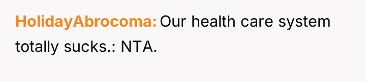 HolidayAbrocoma Our health care system totally sucks.: NTA.