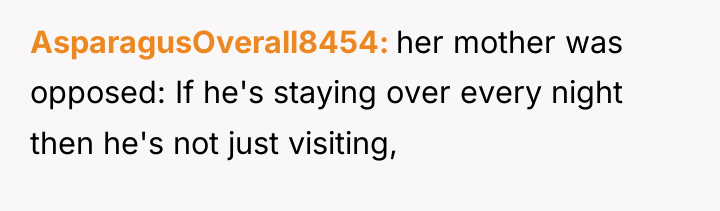 AsparagusOverall8454 her mother was opposed: If he's staying over every...