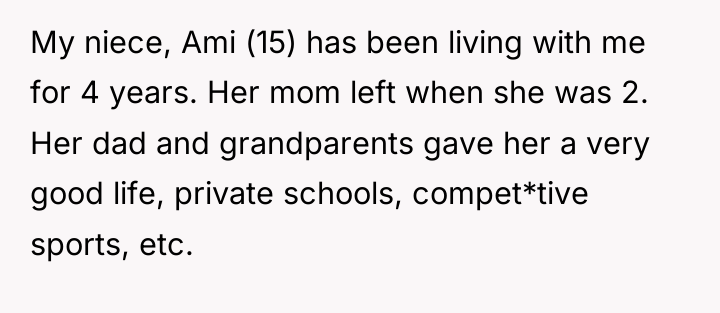 My niece, Ami (15) has been living with me for...