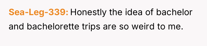 Sea-Leg-339 Honestly the idea of bachelor and bachelorette trips are...