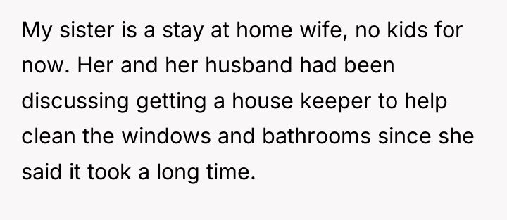 My sister is a stay at home wife, no kids...