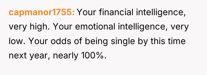 capmanor1755 Your financial intelligence, very high. Your emotional intelligence, very...