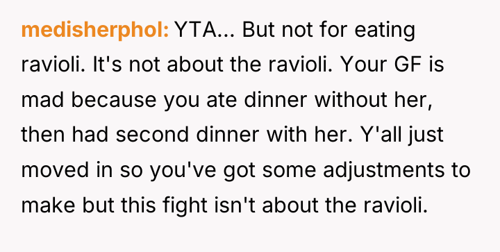 medisherphol YTA... But not for eating ravioli. It's not about...