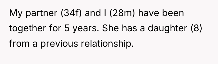 My partner (34f) and I (28m) have been together for...