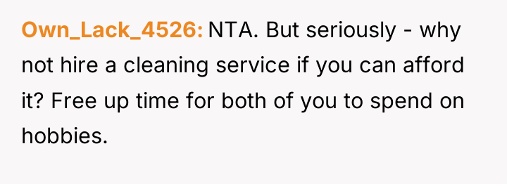 Own_Lack_4526 NTA. But seriously - why not hire a cleaning...