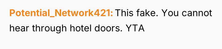 Potential_Network421 This fake. You cannot hear through hotel doors. YTA