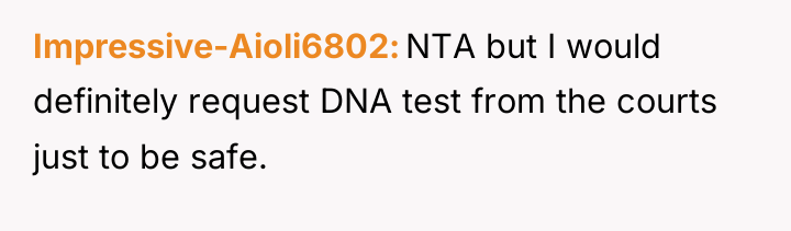 Impressive-Aioli6802 NTA but I would definitely request DNA test from...