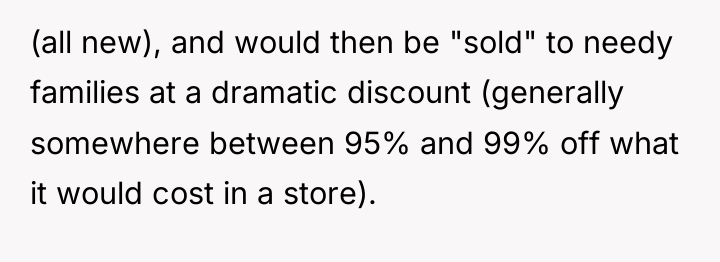(all new), and would then be "sold" to needy families...
