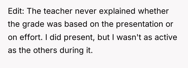 Edit: The teacher never explained whether the grade was based...