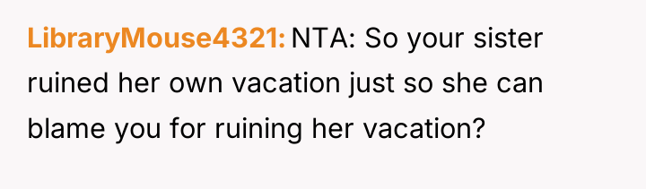 LibraryMouse4321 NTA: So your sister ruined her own vacation just...