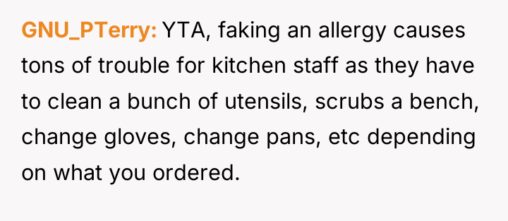 GNU_PTerry YTA, faking an allergy causes tons of trouble for...
