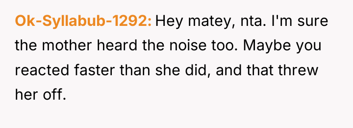 Ok-Syllabub-1292 Hey matey, nta. I'm sure the mother heard the...
