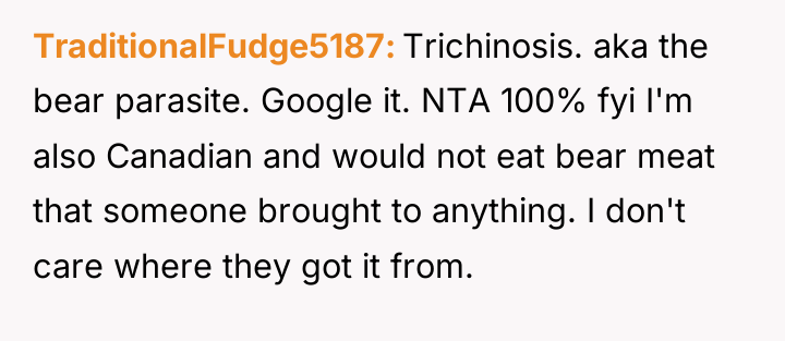 TraditionalFudge5187 Trichinosis. aka the bear parasite. Google it. NTA 100%...