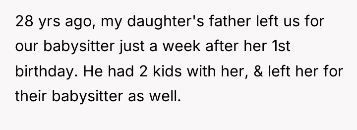 28 yrs ago, my daughter's father left us for our...
