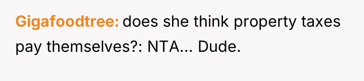 Gigafoodtree does she think property taxes pay themselves?: NTA... Dude.