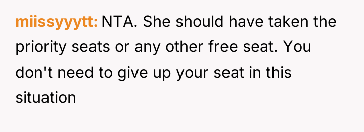 miissyyytt NTA. She should have taken the priority seats or...