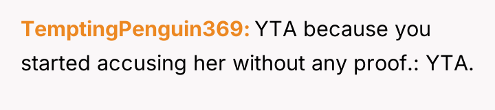 TemptingPenguin369 YTA because you started accusing her without any proof.:...