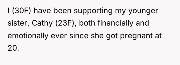 I (30F) have been supporting my younger sister, Cathy (23F),...