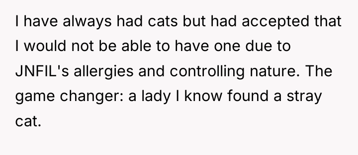 I have always had cats but had accepted that I...